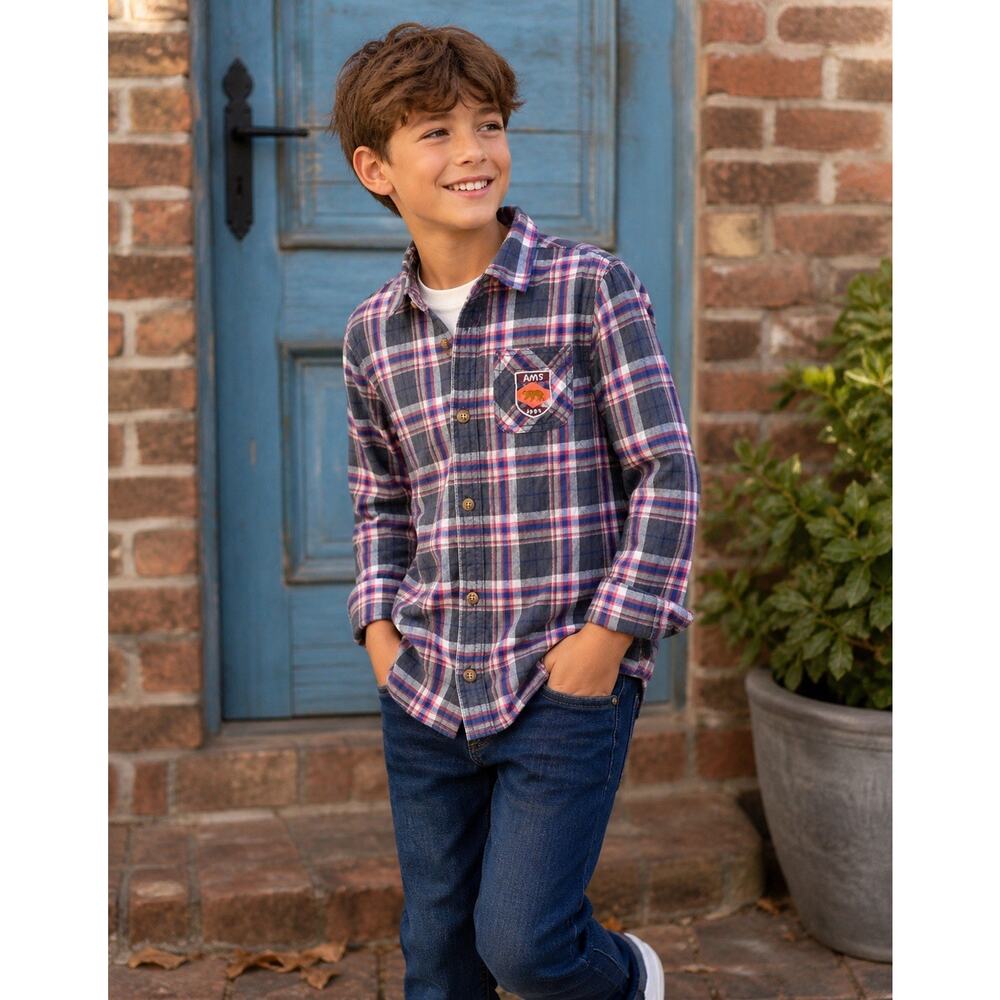 Scotch Shrunk Boys Plaid Button Down Shirt AMS Patch Long Sleeve Boys 10 NWT